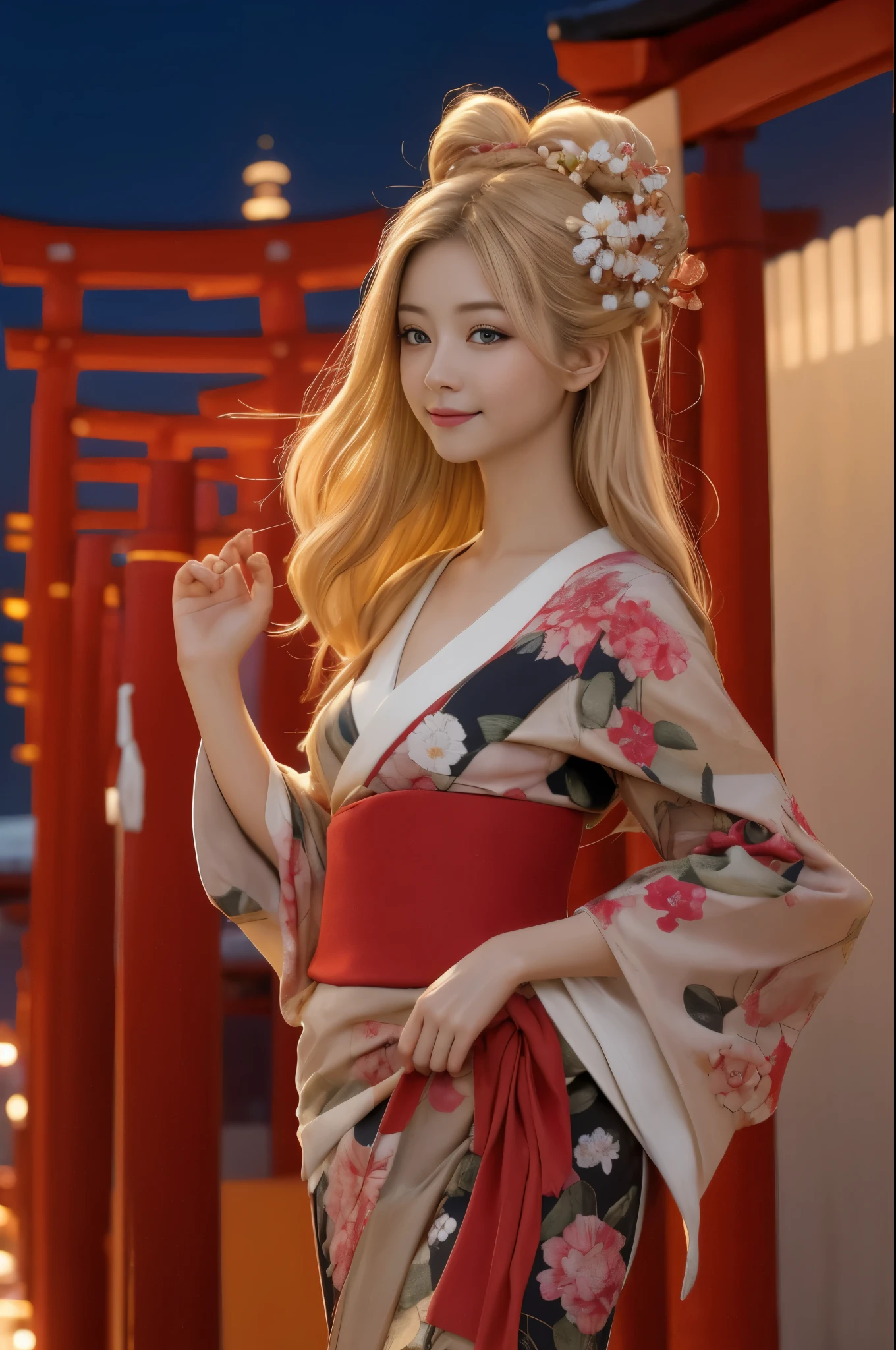 (in 8K、Raw photo、top-quality、超A high resolution、masterpiece、various poses、1girl:1.3)、Beautiful blonde precise and detailed two side up hairstyle、Kimono with floral pattern based on black、deep in the night、Cute girl posing as a model、Qing々Smile、Beautiful breasts with attention to detail、Showing off her hair that flows beautifully and delicately down her chest、Looking at the camera、to stand、night temple background、Red torii gate、illuminations
