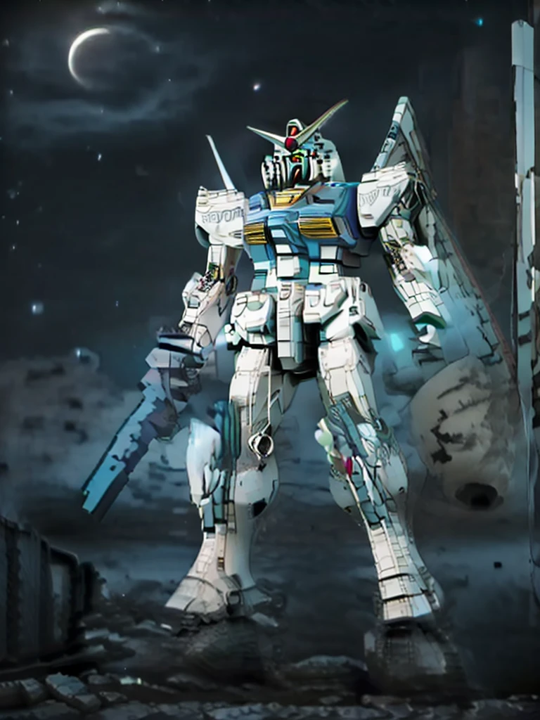 New launch century Gundam X、Gundam standing in the wilderness、big moon、lake surface、standing in water、floating、Satellite Cannon、Beautiful scenery、high resolution、glowing eyes、Beautiful night sky、moon filling the screen、