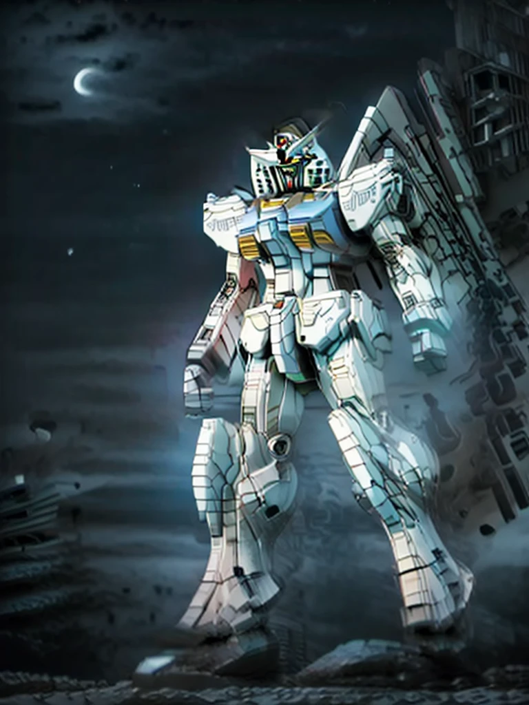 New launch century Gundam X、Gundam standing in the wilderness、big moon、lake surface、standing in water、floating、Satellite Cannon、Beautiful scenery、high resolution、glowing eyes、Beautiful night sky、moon filling the screen、