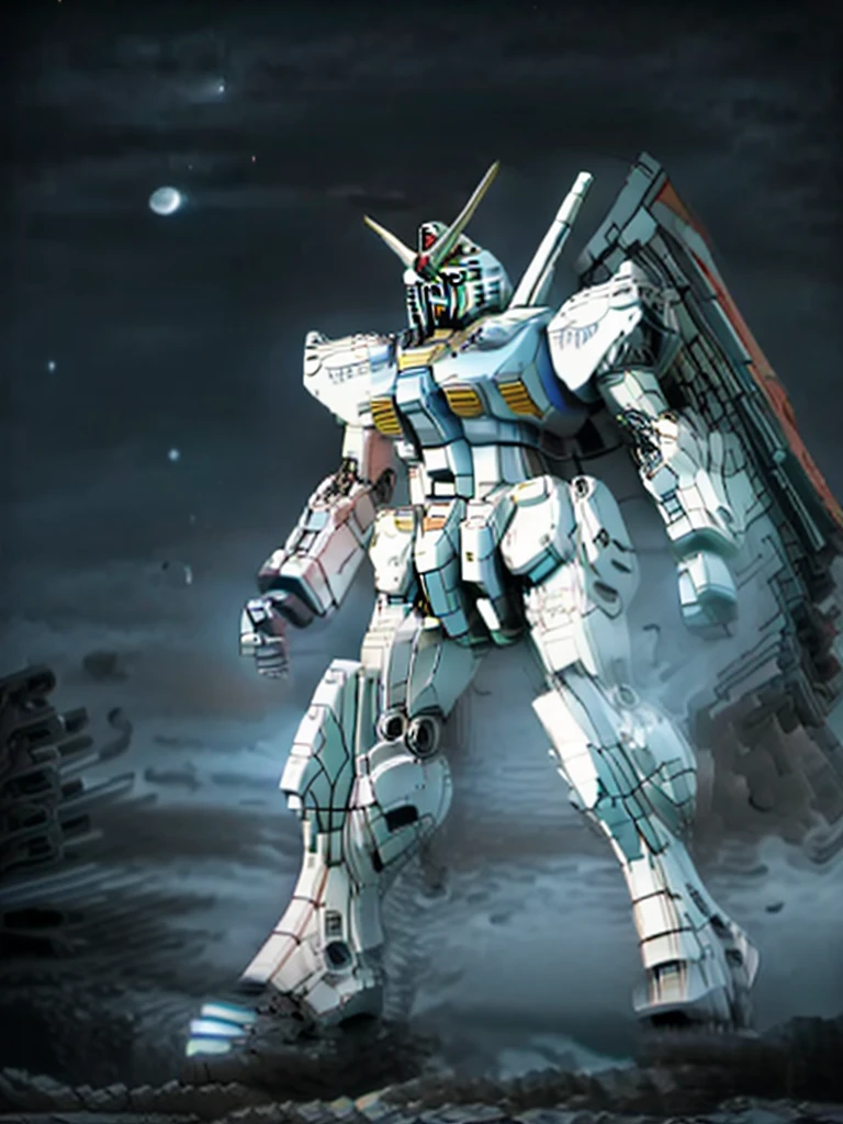 New launch century Gundam X、Gundam standing in the wilderness、big moon、lake surface、standing in water、floating、Satellite Cannon、Beautiful scenery、high resolution、glowing eyes、Beautiful night sky、moon filling the screen、