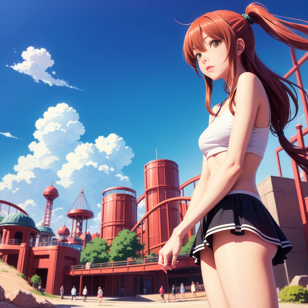 1girl, (Sketch:1.2), anime key visual, landscape of a Otherworldly Brutal Amusement park and Megalopolis, Clear skies, beauty, sunny skies, F/8, Velvia.