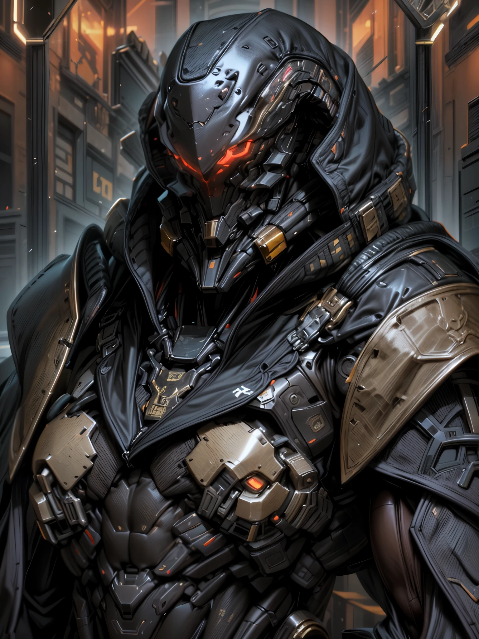 (((An epic and visually stunning digital anime masterpiece, by st theo:1.4, art piece featuring a sylphlike ((masculine male:1.5)) elegant military cyborg soldier clad in a sleek yet tactical armored yet decorated military trench coat:1.3))), (((flat masculine male chest:1.5, mechanical demon robot head with a hood, optical sensors:1.4, amber bar visor:1.5))), (((the character clothed in a (scifi tactical armored double breasted trench coat with a built in exoskeleton, hood pulled up), (((over a form fitted armor plated yet super sleek and sensually revealing under suit:1.6, thighs and waist exposed:1.5))), the armor plating on the upper arms and shoulders beautifully engraved))):1.4, The image showcases the intricacies of the character’s armor and clothing:1.5, ((capturing their flamboyant feminine essence and heavy mechanical art deco aesthetic:1.2)), The character also possesses an androgynous charm, (((with slim yet heavily muscled gorgeous feminine physique:1.2, sylphlike with a sleek waist:1.2, slim mechanical muscular armored torso:1.3, toned yet beautifully sleek cybernetic arms:1.3, mechanical arms and legs:1.3, mechanical muscles:1.3))), looking at viewer, (((brass metal armor and brown leather, dieselpunk:1.3))), (((depth of field, cinematic lighting, chromatic aberration, ray tracing, UHD, masterpiece, top of head covered, super detail, high details, high quality, award winning, 8k, highres, artificial muscle)))