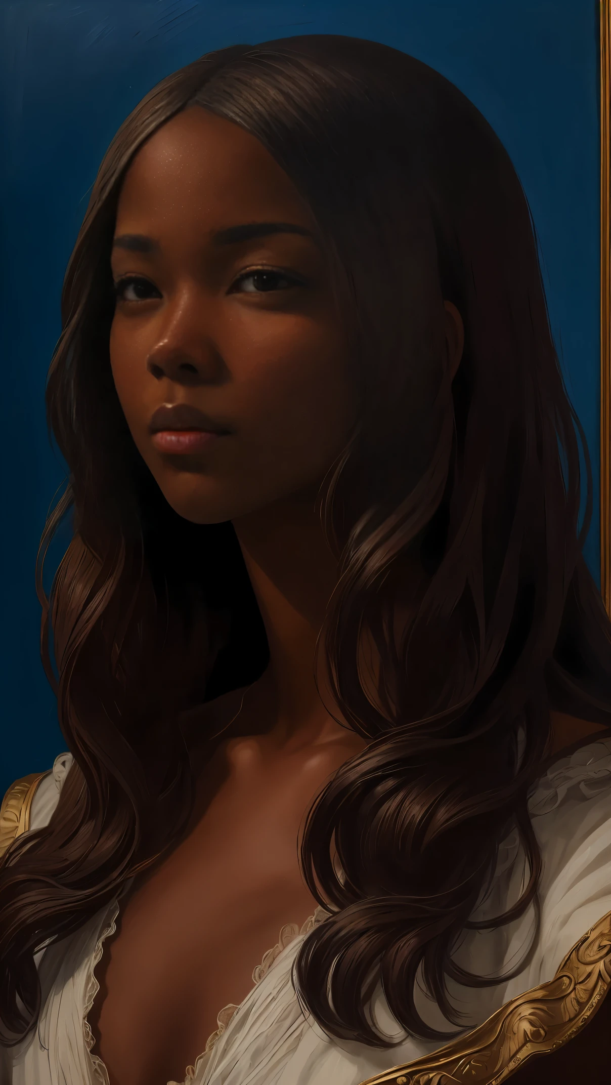 oil painting by Leonardo da Vinci, realistic portrait, closeup face of Gabrielle Union with dark skin, ebony nose, long hair, her eyes are sweet and vibrant, her face symmetrical, rich coffee brown skin, soft torch luminosity on the face by REMBRADT, Adobe Illustration, Trending on Artstation, 8K, hd, cinematic, masterpiece, magnificent art, best quality, romanticism Renaissance period, oil on canvas, rich blue background 