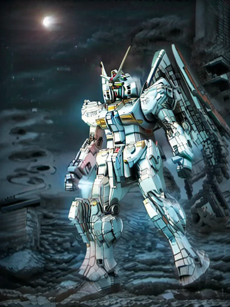 New launch century Gundam X、Gundam standing in the wilderness、big moon、lake surface、standing in water、floating、Satellite Cannon、Beautiful scenery、high resolution、glowing eyes、Beautiful night sky、moon filling the screen、Multicolored light、Clean light、