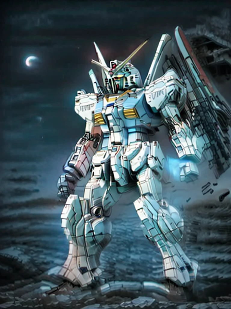 New launch century Gundam X、Gundam standing in the wilderness、big moon、lake surface、standing in water、floating、Satellite Cannon、Beautiful scenery、high resolution、glowing eyes、Beautiful night sky、moon filling the screen、Multicolored light、Clean light、