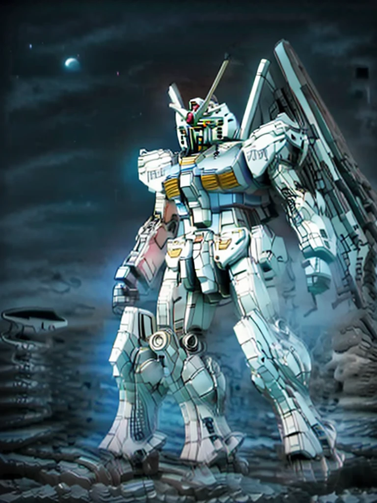 New launch century Gundam X、Gundam standing in the wilderness、big moon、lake surface、standing in water、floating、Satellite Cannon、Beautiful scenery、high resolution、glowing eyes、Beautiful night sky、moon filling the screen、Multicolored light、Clean light、