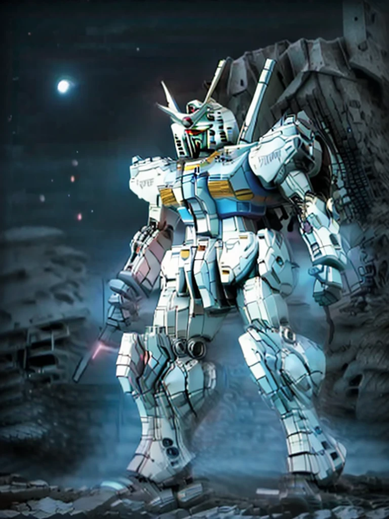 New launch century Gundam X、Gundam standing in the wilderness、big moon、lake surface、standing in water、floating、Satellite Cannon、Beautiful scenery、high resolution、glowing eyes、Beautiful night sky、moon filling the screen、Multicolored light、Clean light、