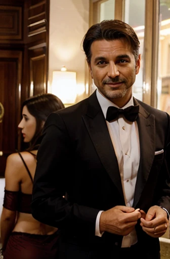 un hombre sex-symbol italiano muy elegante que seduce mujeres, He is 45 years old and is a businessman celebrating with four friends