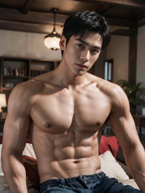 highest quality、masterpiece、A high resolution、hyperrealism、detailed face、solo、１human male、black hair、glowing skin、dense skin、(Asian)、japanese man、face without beard、(High resolution、super detailed)、1 male、(20 year old male)、Handsome、tall muscular man、((Natural muscles)),short hair、center parted bangs、strong jaw、thick eyebrows、Black eyebrows、、 CG Unity 8K、intricate details、detailed background、detailed face、Handsome、(Topless）、relax、((contemporary home living room))、 arm veins、relaxed atmosphere