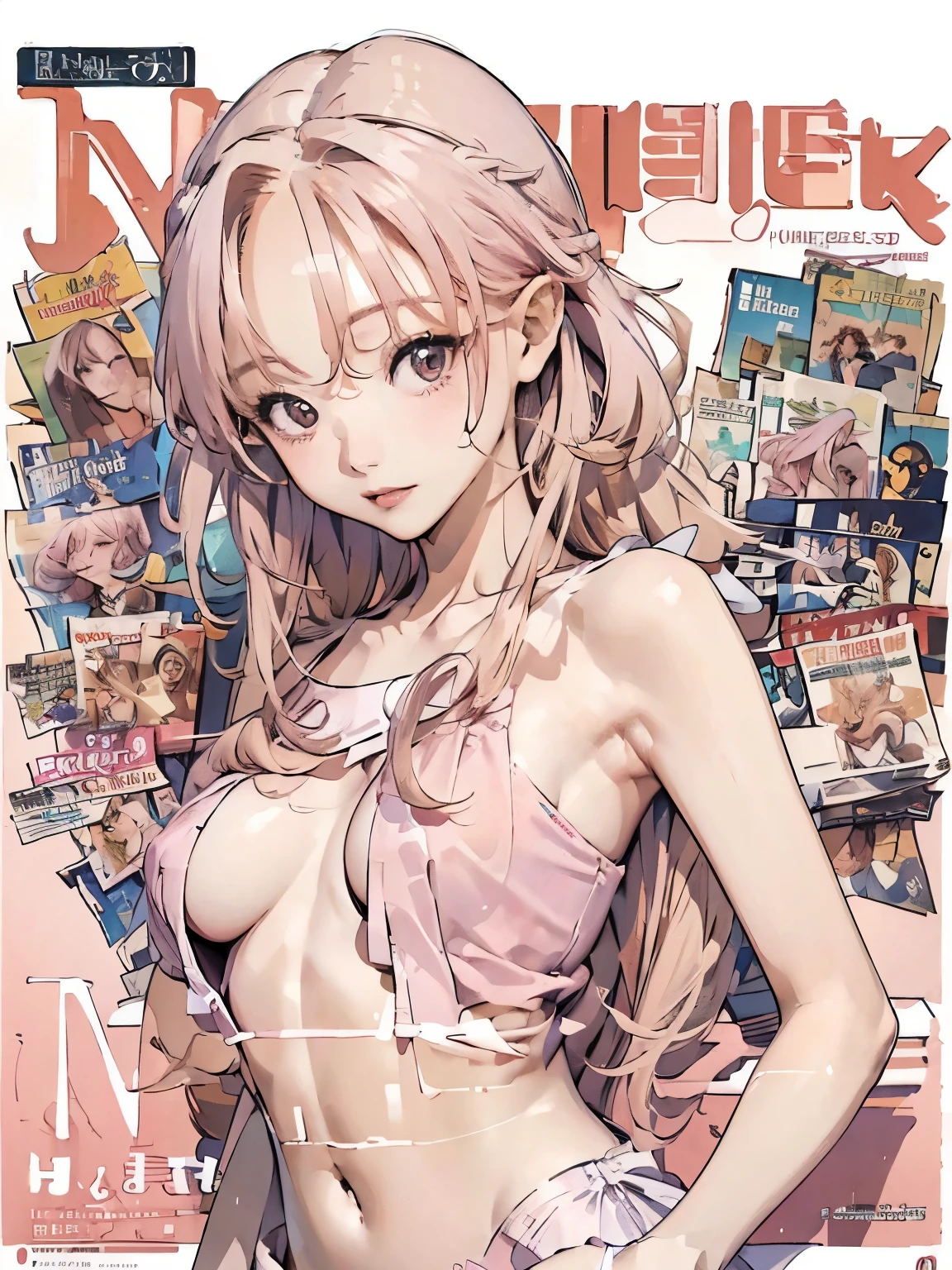 (((masterpiece))) ((( background : Magazine Cover : high quality : detail ))) ((( character : Ryu Sujeong : fit body : small breast : smooth pinkish blonde hair : modelling clothes : seductive Expression : sexy pose armpits )))