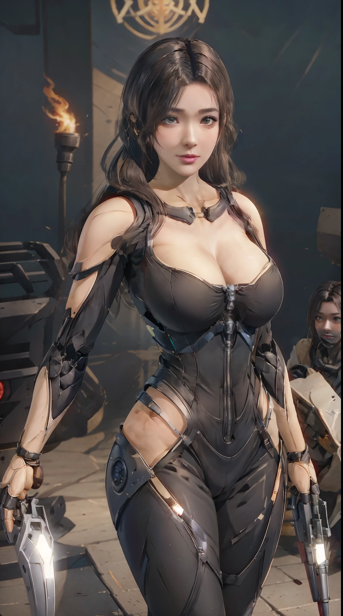 lifelike, high resolution, fire, soft light,1 female, alone, Buttocks up, (Detailed face), long hair, pistol,long hair, Mecha girl, Armageddon,Mechanical parts box,smoke , robot joints, knife, single mechanical arm,gun, have, Mechanical Halo, super huge tits , very huge,very huge boobs,, Electromechanical jumpsuit, war,mecha corset, combat, Huge chest attracts viewers,very huge breasts,low cut,facing the audience, very huge山雀,facing front, towards the reader,Missiles,
