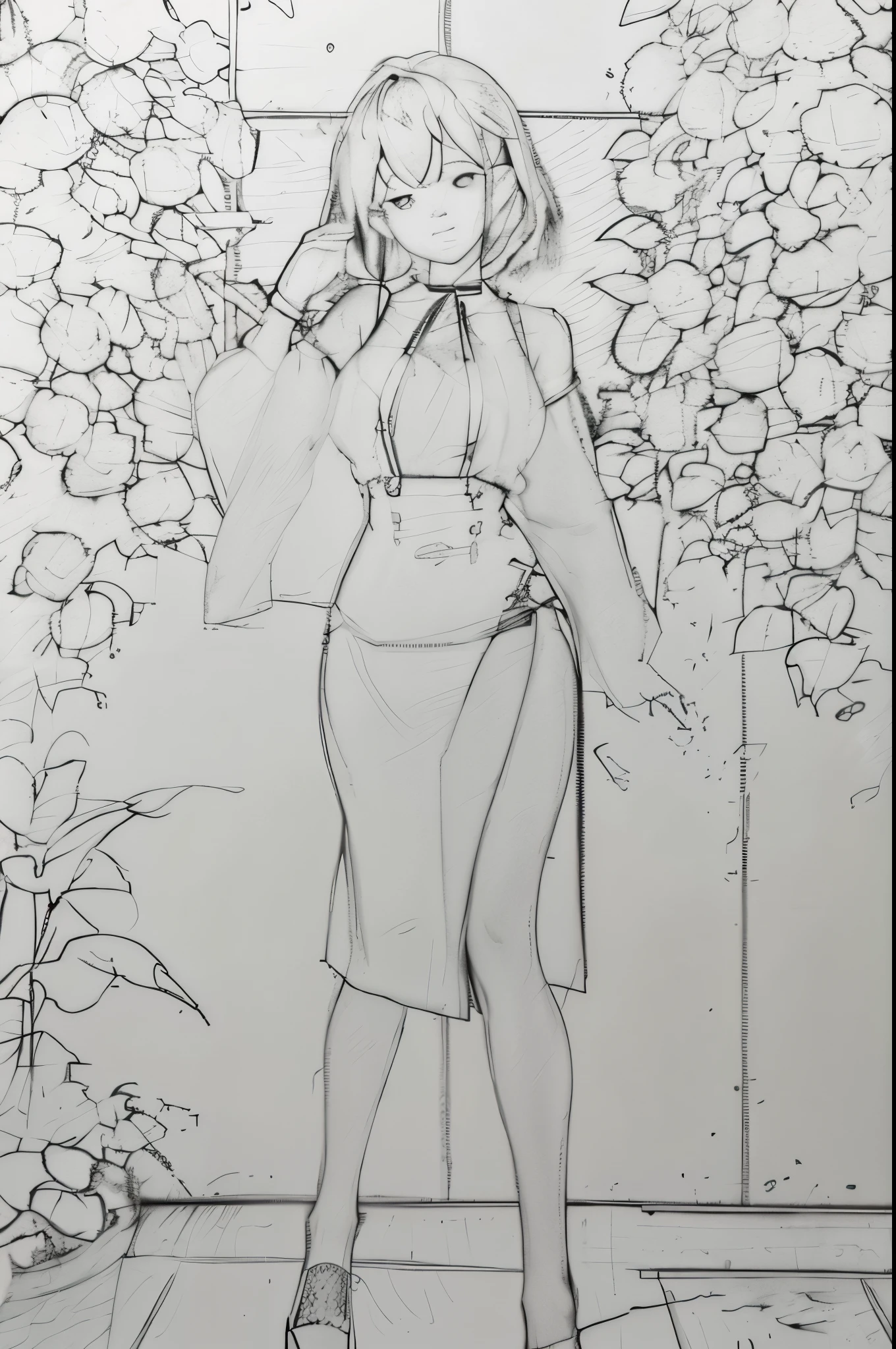 Pencil drawing of a lady in a dress, (((Detailed clothing)))and the face, Full body painting, contour图, contour草图, , Elegant painting, Full body figure painting, an cartoon, cartoon, Whole body grayscale image, Very fine line drawing, cartoon风格, contour, Detailed full body concept
