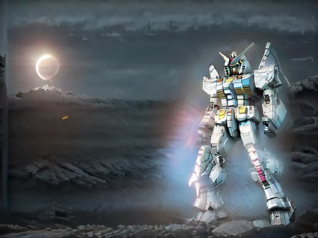 New launch century Gundam X、Gundam standing in the wilderness、big moon、lake surface、standing in water、floating、Satellite Cannon、Beautiful scenery、high resolution、glowing eyes、Beautiful night sky、moon filling the screen、Multicolored light、Clean light、large on the back４Feathers、water surface、standing on tiptoe、big cannon、