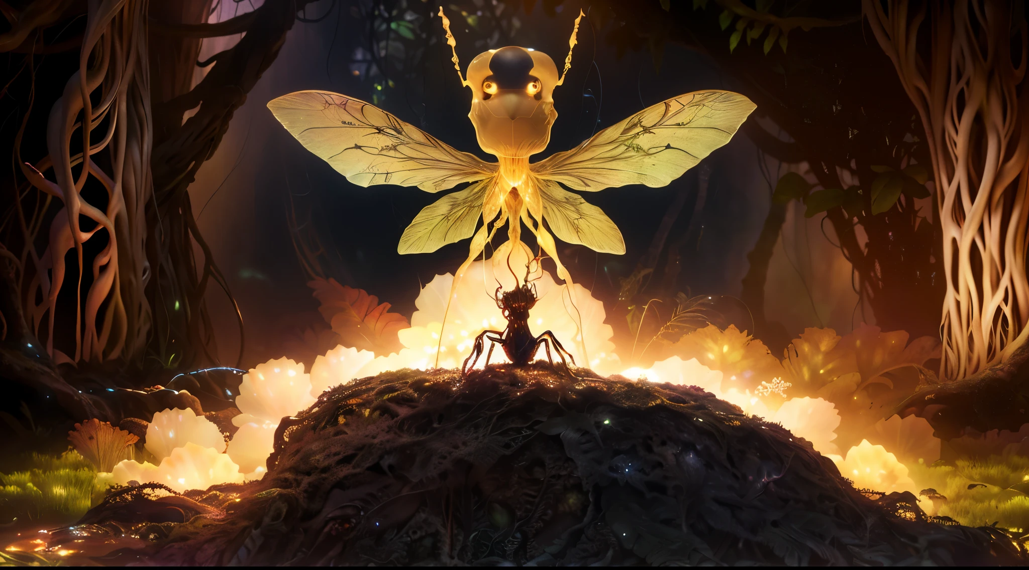 transparent glowing creatures, Transparent body, Six legs, in the jungle, jungle, rainforest, High image quality, Realistic looks, High resolution photography, 8k, full frame matrix, deep shadow, ((one character)), (intricate details, subsurface scattering, Super detailed:1.15), (Surrealism, Volumetric lighting, sharp:1.5) 富士XT3
