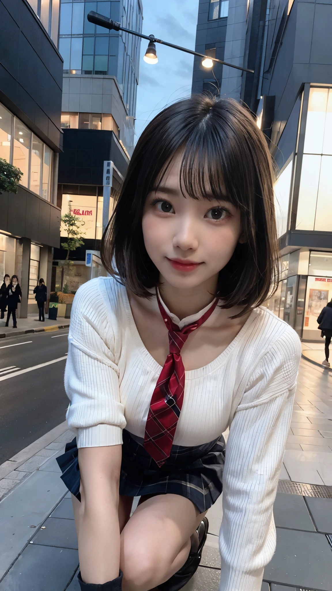 Perfect anatomy of an 18 year old girl、small face、(((Jumping on the sidewalk))),Alafed Asian Girl in Uniform, (girl jumping with arms outstretched), (Teeth visible with a smile),middle size breasts、Slender、perfect limbs、(side shot)、(Super mini skirt with warm colored plaid pattern)、(Navy blue open collar school sweater),(Red ribbon tie)、black eye、double eyelid、eye shadow、Realistic young gravure idol, surreal high school girl, Photographed with Sony α9, beautiful japanese girl, young gravure idol, surreal high school girl, Young and cute gravure idol, Skyscrapers background at night、(from below:1.4),
