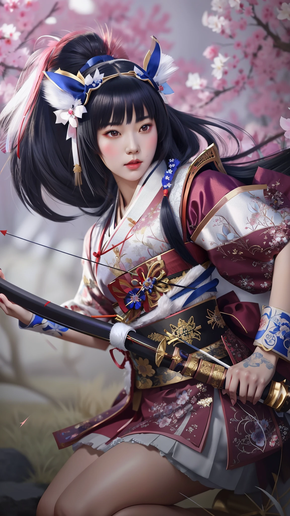 a woman with a bow and a bow in her realistic hand, onmyoji detailed art, extremely detailed artgerm, onmyoji, onmyoji portrait, artgerm detailed, anime girl with a bow and arrow, artwork in the style of guweiz, fox nobushi holding a naginata, artgerm. high detail