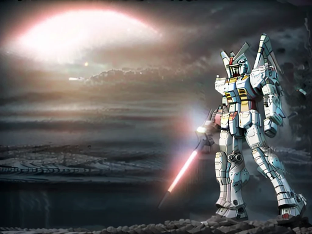 New launch century Gundam X、big moon、lake surface、standing in water、floating、Satellite Cannon、Beautiful scenery、high resolution、glowing eyes、Beautiful night sky、moon filling the screen、Multicolored light、Clean light、large on the back４Feathers、water surface、standing on tiptoe、big cannon、mist、fog、gundam x、