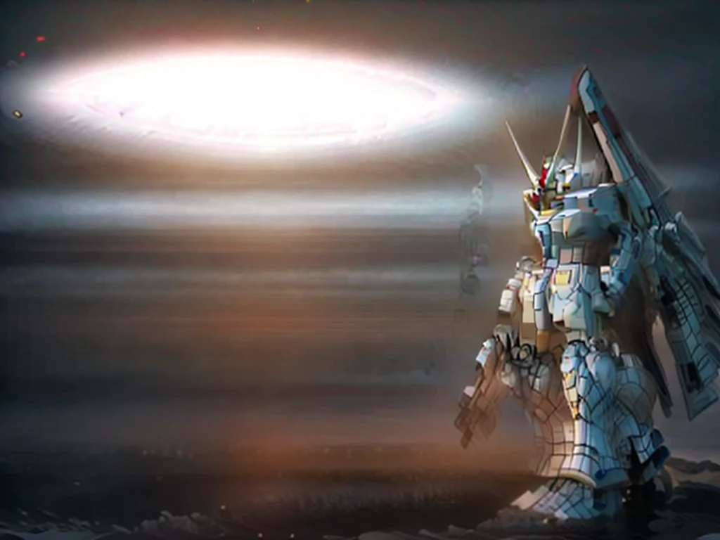 New launch century Gundam X、big moon、lake surface、standing in water、floating、Satellite Cannon、Beautiful scenery、high resolution、glowing eyes、Beautiful night sky、moon filling the screen、Multicolored light、Clean light、large on the back４Feathers、water surface、standing on tiptoe、big cannon、mist、fog、gundam x、