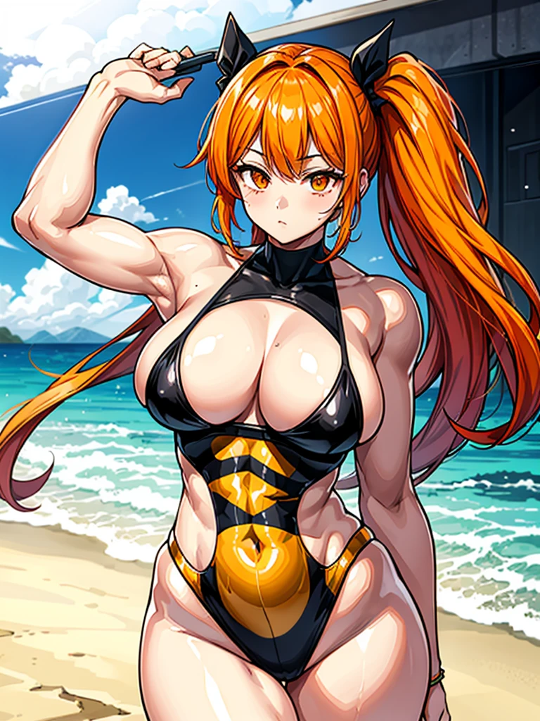 （（（masterpiece、Highest image quality、highest quality、highly detailed unity 8ｋwallpaper）））、（（Illustration of one girl））、（（（beautiful girl）））、（（orange hair、side ponytail、sidelocks：1.4、orange eyes））、（（（stocky build：1.5, thickset physique：1.6, muscular legs, broad shoulders：1.6, solid chest：1.5）））、swimsuit、sandy beach