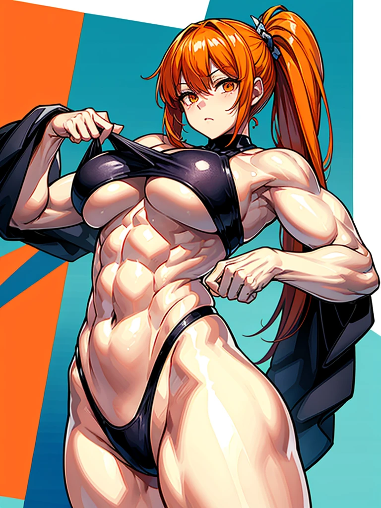 （（（masterpiece、Highest image quality、highest quality、highly detailed unity 8ｋwallpaper）））、（（Illustration of one girl））、（（（beautiful girl）））、（（orange hair、side ponytail、sidelocks：1.4、orange eyes））、（（（stocky build：1.5, thickset physique：1.6, muscular legs, broad shoulders：1.6, solid chest：1.5）））、swimsuit、sandy beach