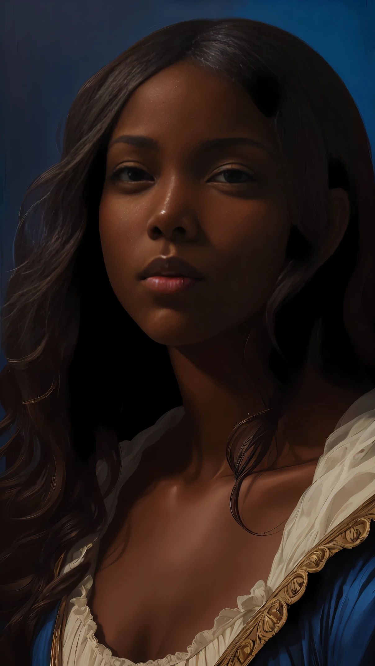 oil painting by Leonardo da Vinci, realistic portrait, closeup face of Gabrielle Union with dark skin, ebony nose, long hair, her eyes are sweet and vibrant, her face symmetrical, rich brown skin, soft torch luminosity on the face by REMBRADT, Adobe Illustration, Trending on Artstation, 8K, hd, cinematic, masterpiece, magnificent art, best quality, romanticism Renaissance period, oil on canvas, rich blue background 