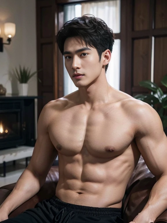 highest quality、masterpiece、A high resolution、hyperrealism、detailed face、solo、1human male、black hair、glowing skin、dense skin、(Asian)、japanese man、face without beard、(High resolution、super detailed)、1 male、(20 year old male)、Handsome、tall muscular man、((Natural muscles))、short hair、center parted bangs、strong jaw、thick eyebrows、Black eyebrows、Fair skin、 CG Unity 8K、intricate details、detailed background、detailed face、Handsome、(Topless)、relax、((contemporary home living room))、 arm veins、relaxed atmosphere