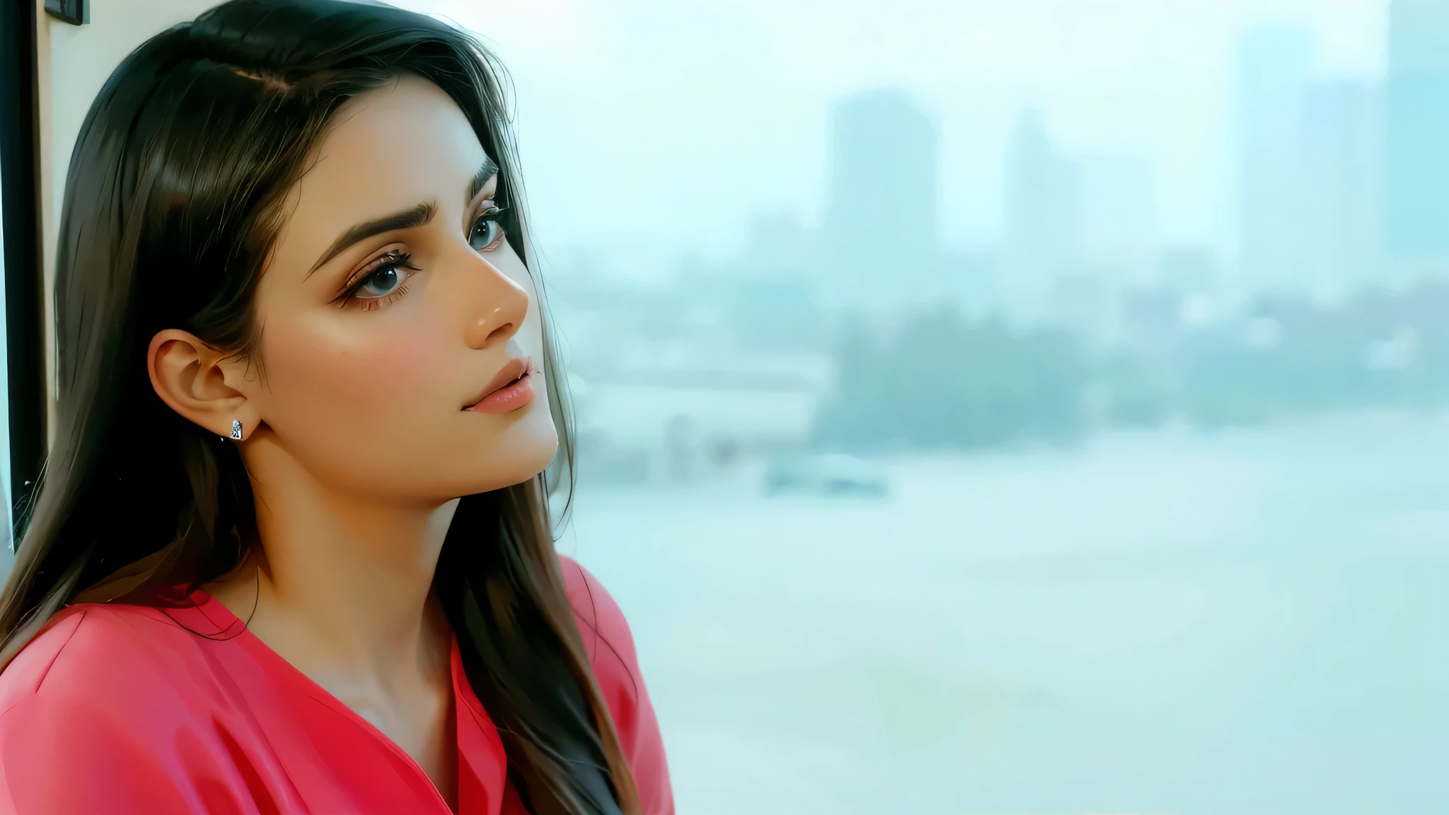there a woman looking out a window with a city in the background, pretty face!!, breathtaking look, movie stills photography, maya ali, maya ali mage, beautiful look, maya ali sorcerer, pretty face, closeup portrait shot, with lovely look, maya ali wind sorcerer, innocent look, close look, wonderful scene, close-up shoot
