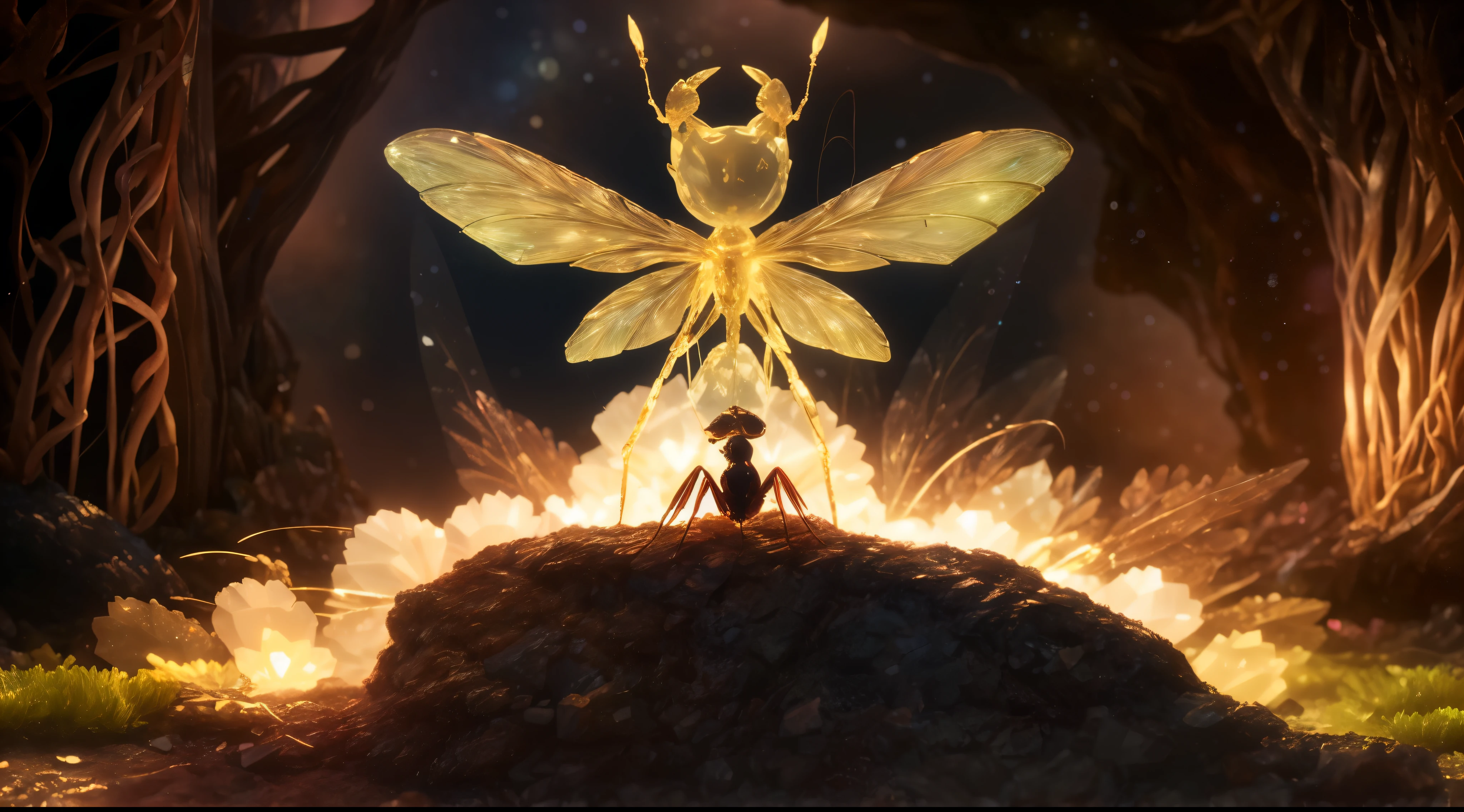 Crystal Ant,crystal wings, fantasy, galaxy, Clean, shining, shining, splendor, colorful, amazing cinematography, dramatic lighting, photorealism, super detailed, 4K, depth of field, high resolution