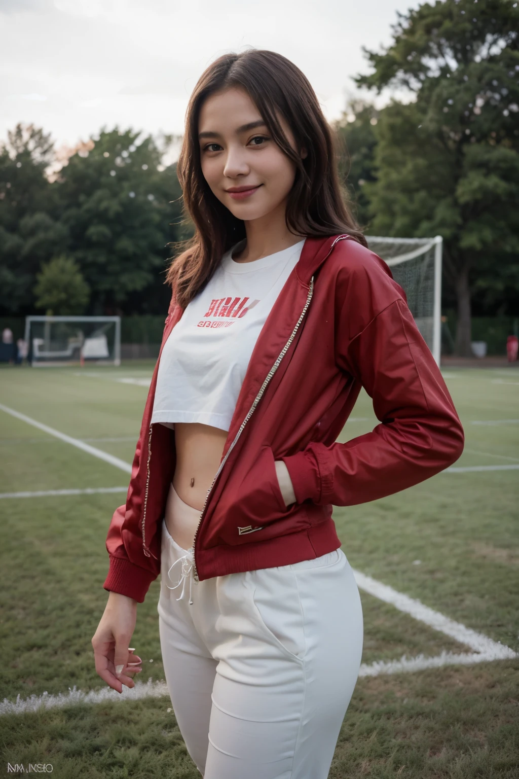 (8K、Raw photography、top-quality、masterpiece:1.2)、(realisitic、realisitic:1.37)、超A high resolution、photon maping、Physically Based Rendering、1girl in、(brunette:1.3)、Twin-tailed、A detailed face、A detailed eye、 standing、Look at viewers、(little smile cute:1.2)、(Happiness)、Healing cute、(Soccer Field:1.2)、(early evening:1.2)、sweat pant、Open Sports red Jacket、white t-shirts、full body, gorgeous chinese model, photo of slim girl model, IG-Modell, beautiful female model,