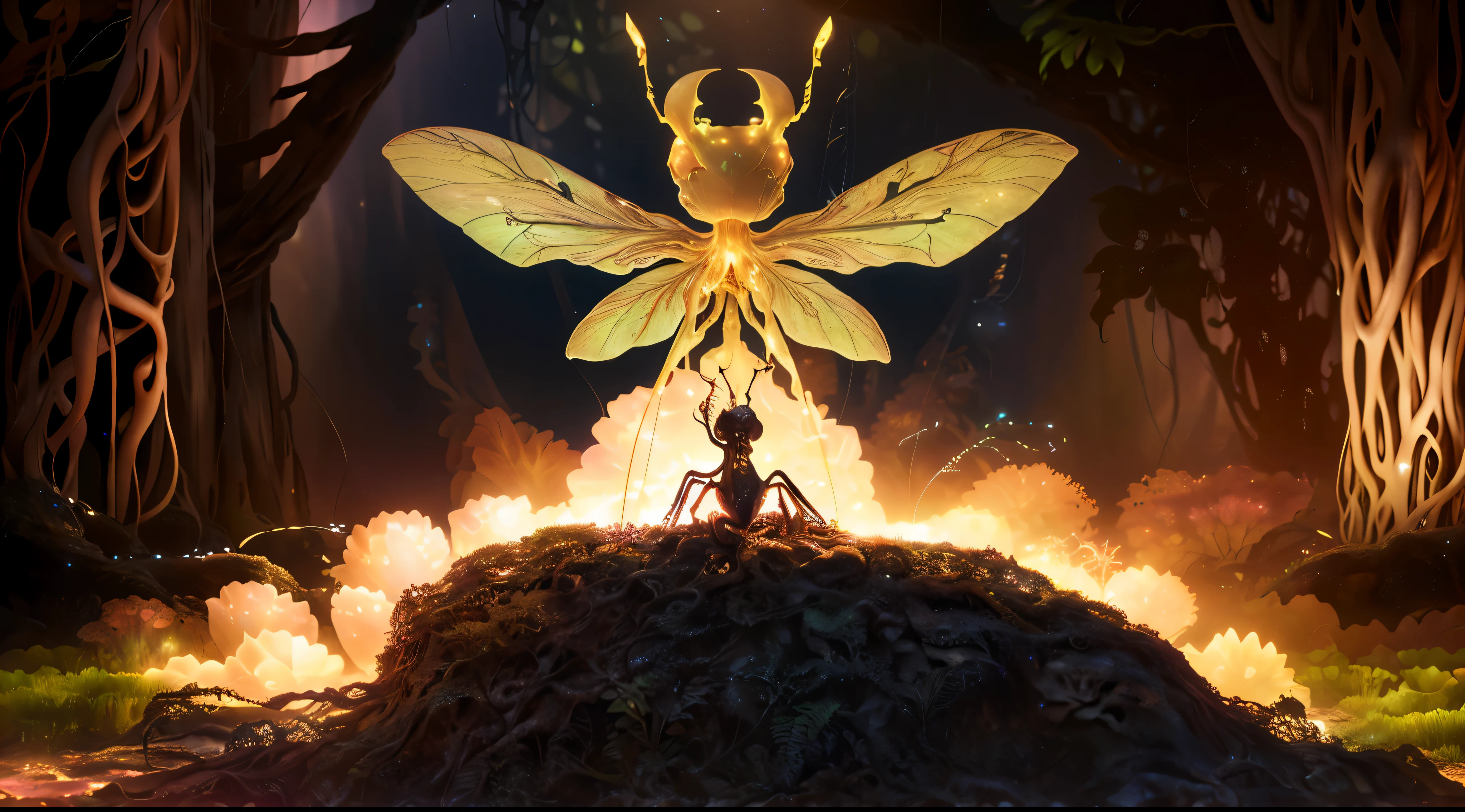 transparent luminous organism, transparent body, Six legs, in the jungle, jungle, rainforest, High image quality, Realistic looks, High resolution photography, 8k, full frame matrix, deep shadow, ((one character)), (intricate details, subsurface scattering, super detailed:1.15), (Surrealism, Volumetric lighting, sharp:1.5) 富士XT3