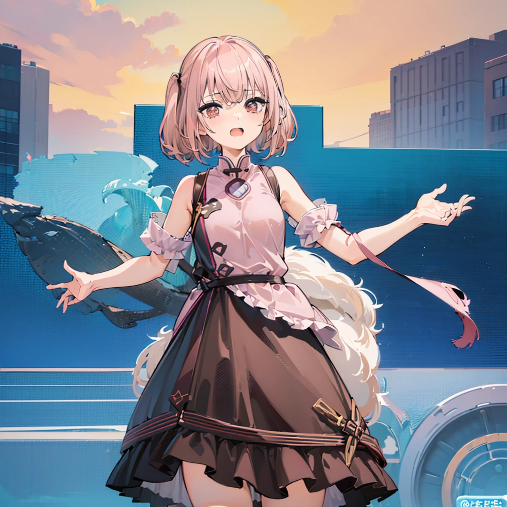((Sajuna Inui from そのビスクドールは恋をする)), 1littlegirl, (solo), ((small tits)), yo, lightpink short hair, twintail, ((blunt bangs)), red eyes, beach, laugh, Detailed drawing, Blur, full body shot,