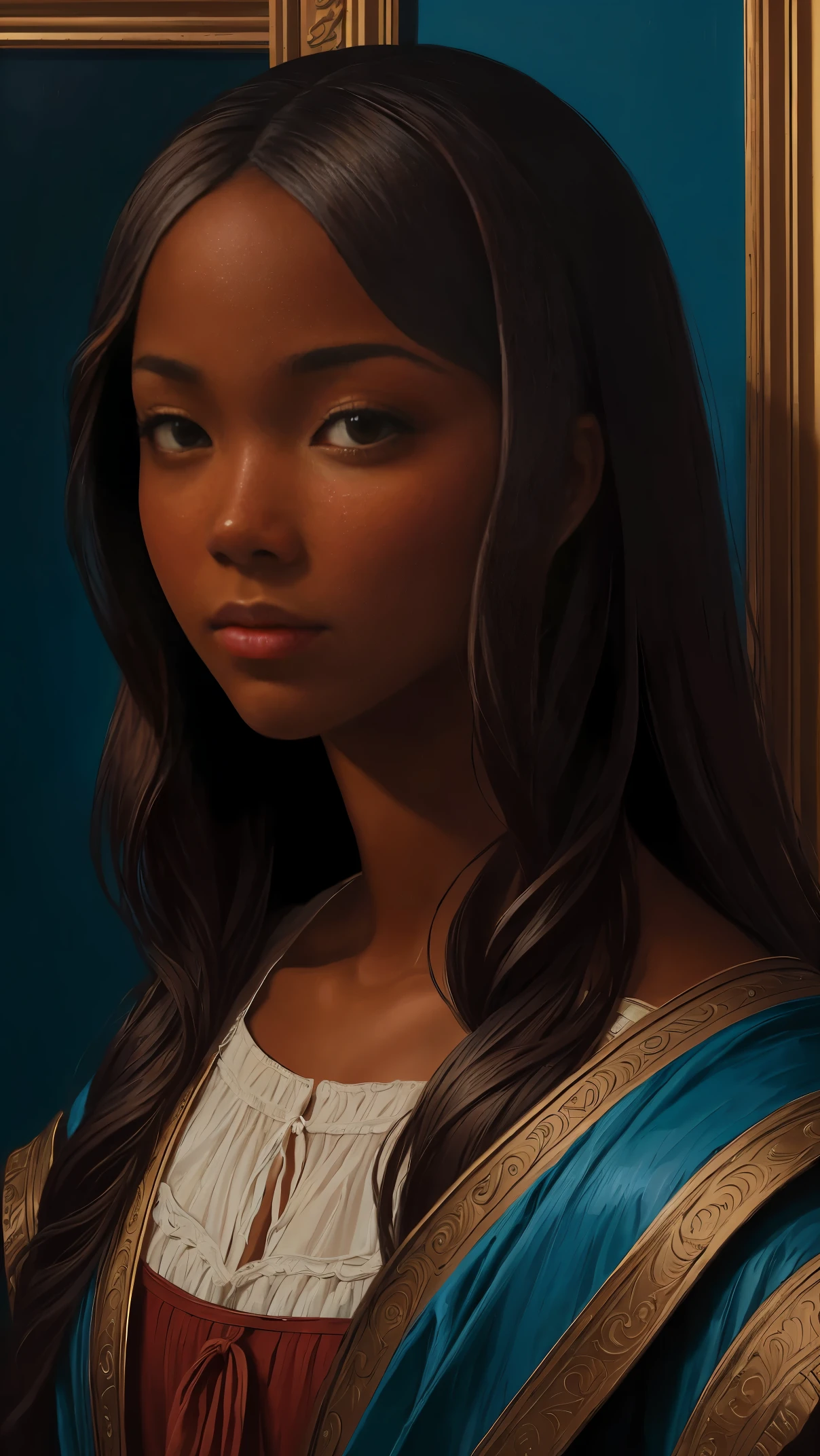 oil painting by Leonardo da Vinci, realistic portrait, closeup face of Gabrielle Union with dark skin, ebony nose, long hair, her eyes are sweet and vibrant, her face symmetrical, rich coffee brown skin, soft torch luminosity on the face by REMBRADT, Adobe Illustration, Trending on Artstation, 8K, hd, cinematic, masterpiece, magnificent art, best quality, romanticism Renaissance period, oil on canvas, rich blue background 