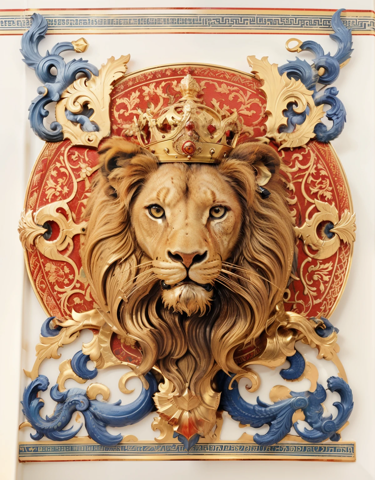 a close up of a plate with a lion on it, ornate art, lion with crown, by derek zabrocki, by Ignacio Zuloaga, fire lion, intricate artwork, by Kanō Tan'yū, lion, by Serhii Vasylkivsky, by Aleksander Kotsis, by Li Kan