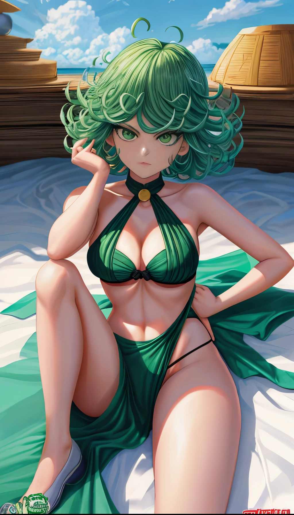 Chica de anime acostada en una cama con una botella de cerveza, Tatsumaki de One Punch Man, Tatsumaki, Tatsumaki con cabello verde rizado, en una playa, Fanart de alta calidad, en la playa, Tendencias en ArtStation Pixiv, Guweiz en Pixiv Artstation, Fanart exquisito altamente detallado, Artgerm extremadamente detallado, Arte Zerochan,bikini ajustado,sentado,piernas cruzadas.