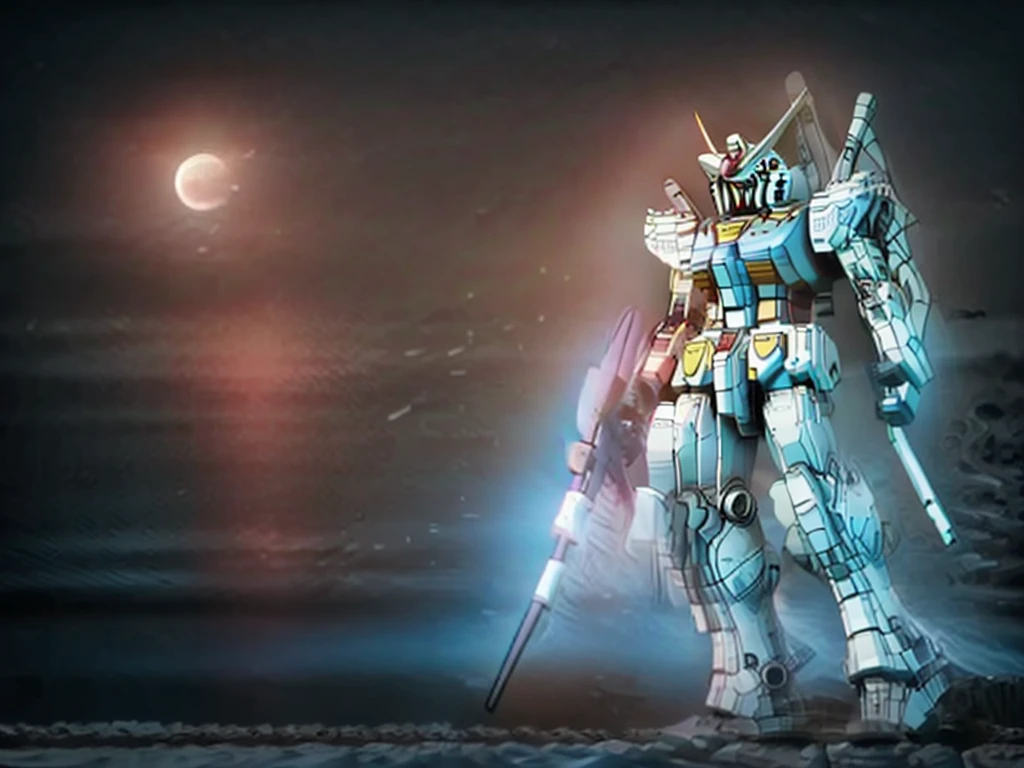 New launch century Gundam X、big moon、lake surface、standing in water、floating、Satellite Cannon、Beautiful scenery、high resolution、glowing eyes、Beautiful night sky、moon filling the screen、Multicolored light、Clean light、large on the back４Feathers、water surface、standing on tiptoe、big cannon、water surface、超high resolution、4K、gundam x、countless stars々、