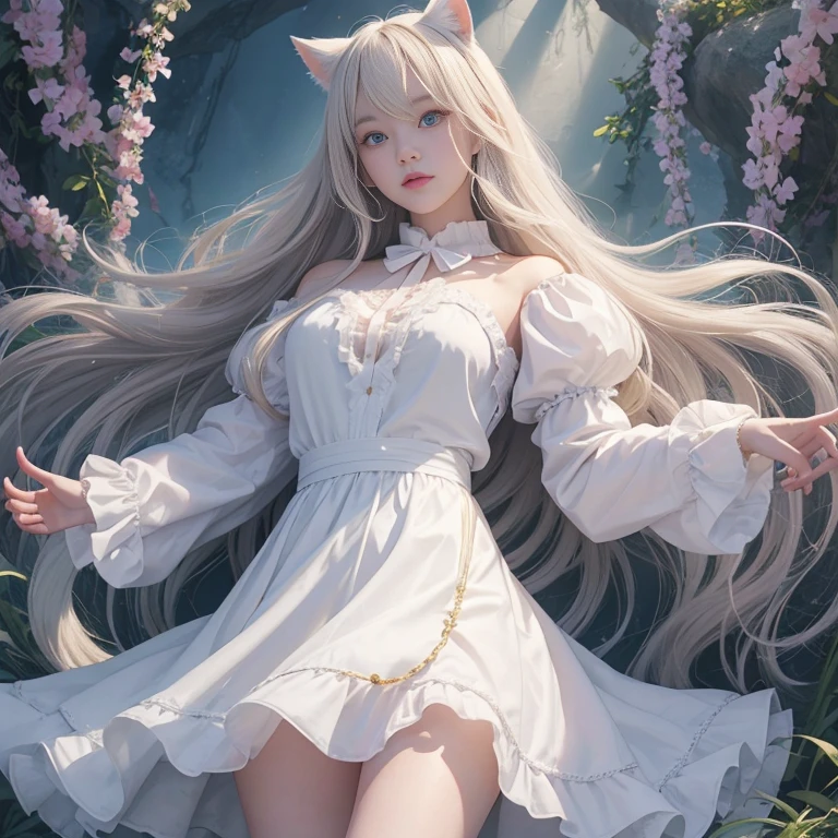 bright look、photorealism、highest quality、ultra high resolution、photograph、絶妙に美しい北欧生まれの女の子のphotograph、extraordinary beautiful girl、Detailed cute and beautiful face、(Pure Eros Face_v1:0.008)、beautiful bangs、alice in wonderland、18-year-old、glowing white shiny skin、Flow of hair that extends to the face、bangs between the eyes、super long hair、Attractive light and dark platinum blonde super long straight silky hair、thin hair、Charming shining beautiful bright clear light blue big eyes、white apron、yellow dress、eyeliner、double eyelids、rich bust、two girls、cat ears、Laughter、short skirt、White lace underskirt、pink panties、