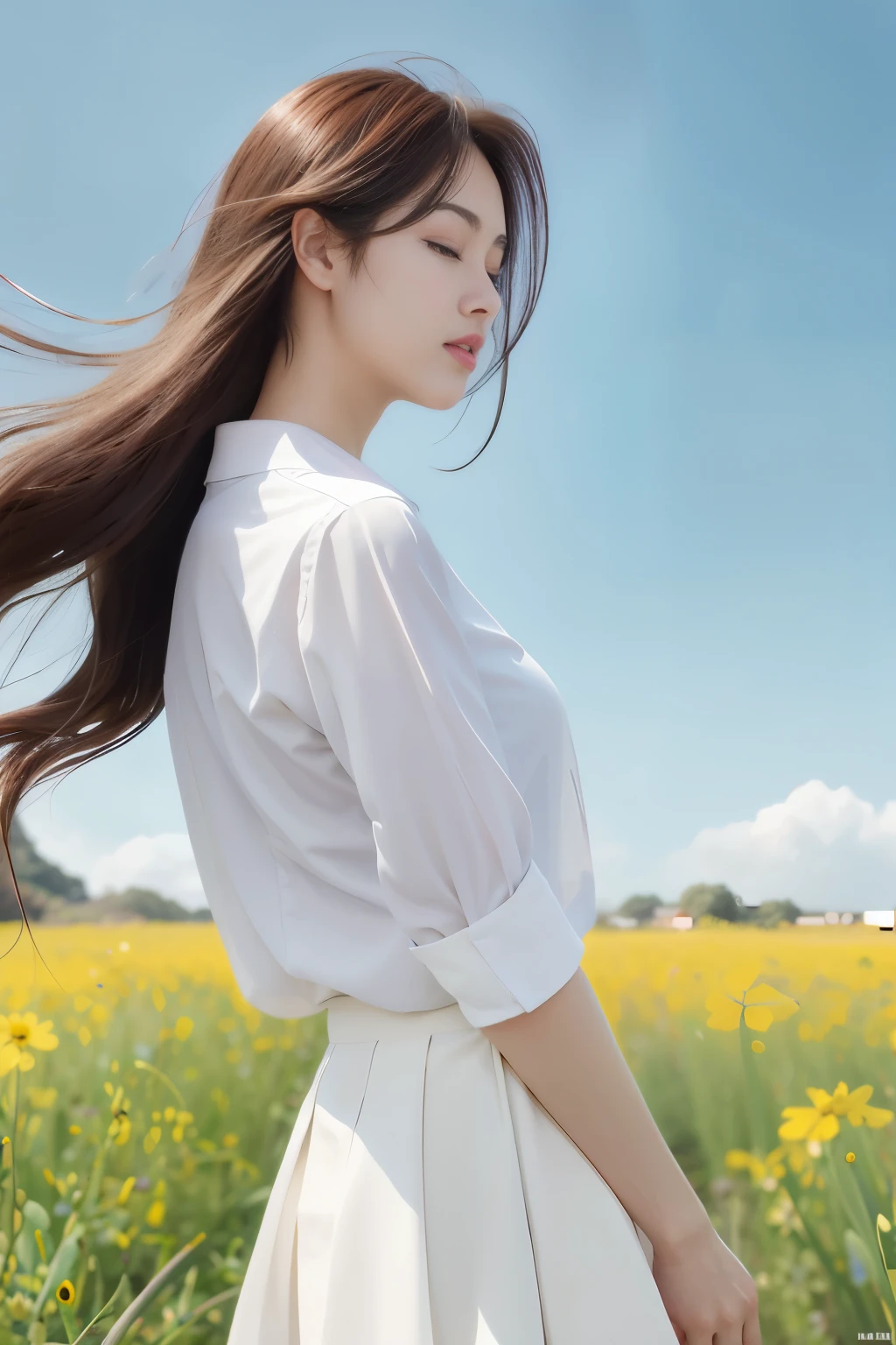 Standing in the flower field的长发夫女人, Standing in the flower field, girl Standing in the flower field, beautiful korean woman，Close your eyes，profile，[Rapeseed flowers，sky background],white shirt，white skirt