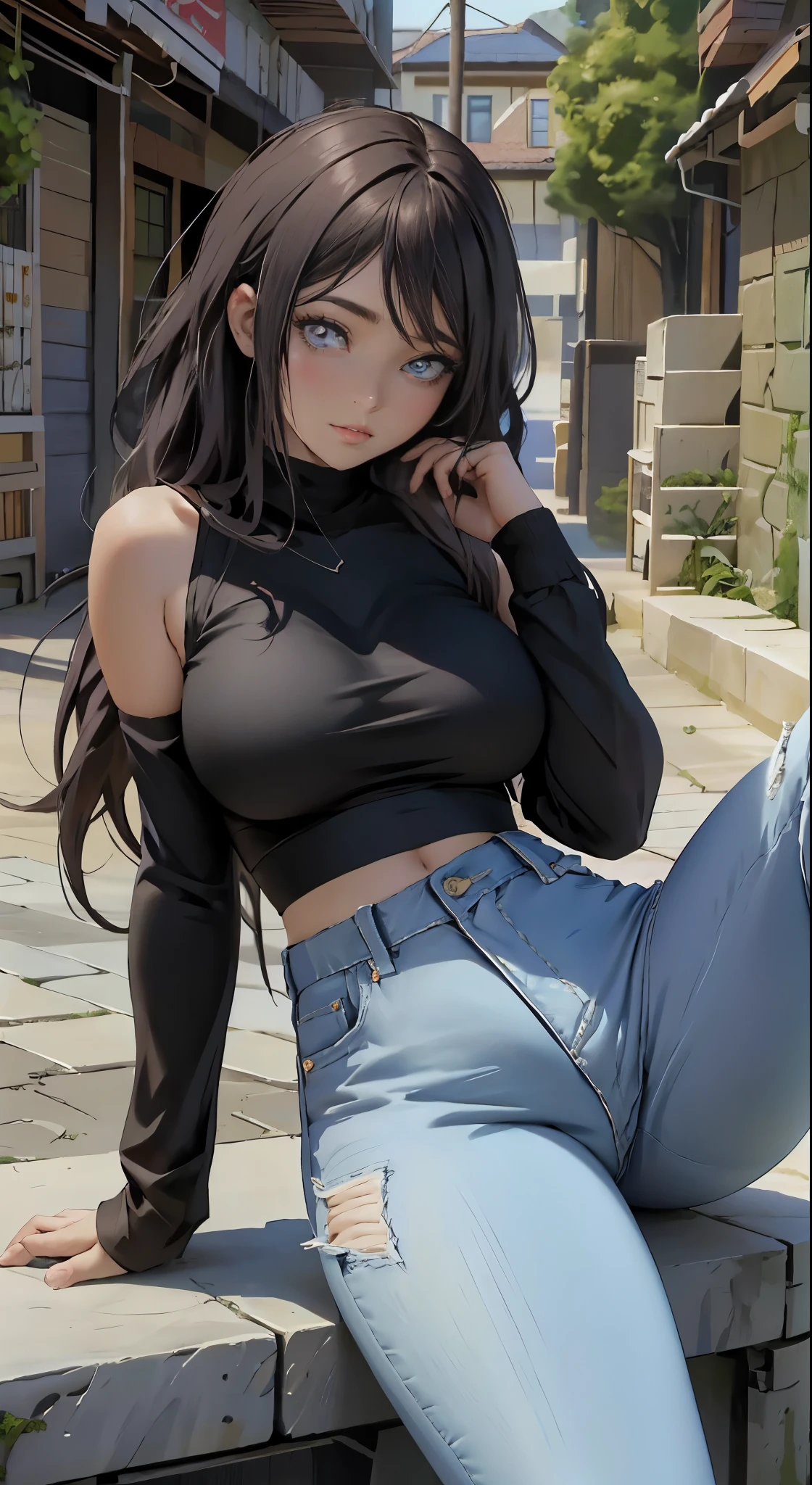 offcial art, Unit wallpaper 8K, ultra - detailed, handsome and aesthetic, big breasts beautiful, Site view, spread their legs, Long hair, Curta, Large of breast, one-girl, thick leg, hair straight, Hinata, hyuga hyuga, vacant eyes, whiteeyes , White pupils, Wide buttock, belly out, Denim trousers, brassier, breasts out, Tight jeans, black shirt, Lateral shoulders