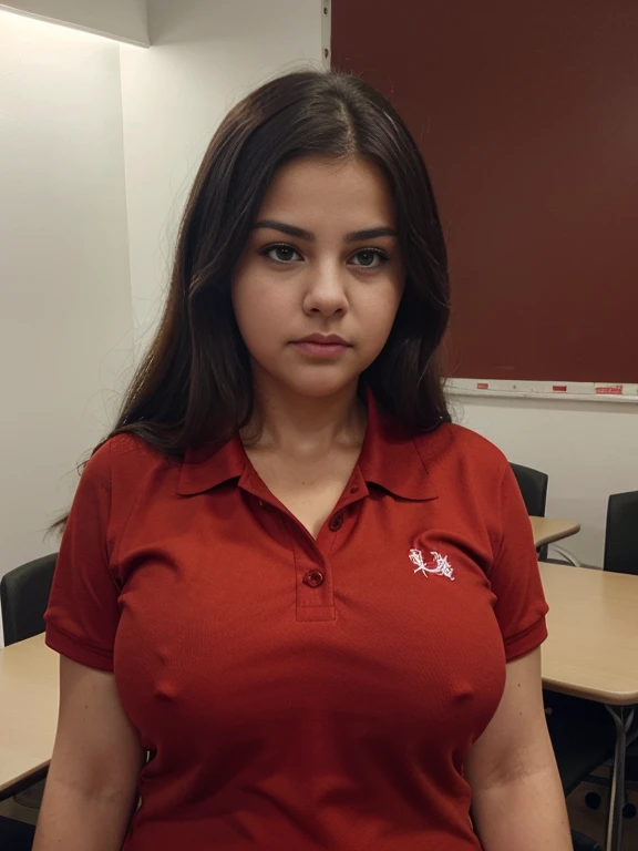 photo of a busty woman (wearing a red polo shirt), chubby, in the teacher's lounge, (upset face), natural , pouting, [high resolution], thick fabric, selena gomez
