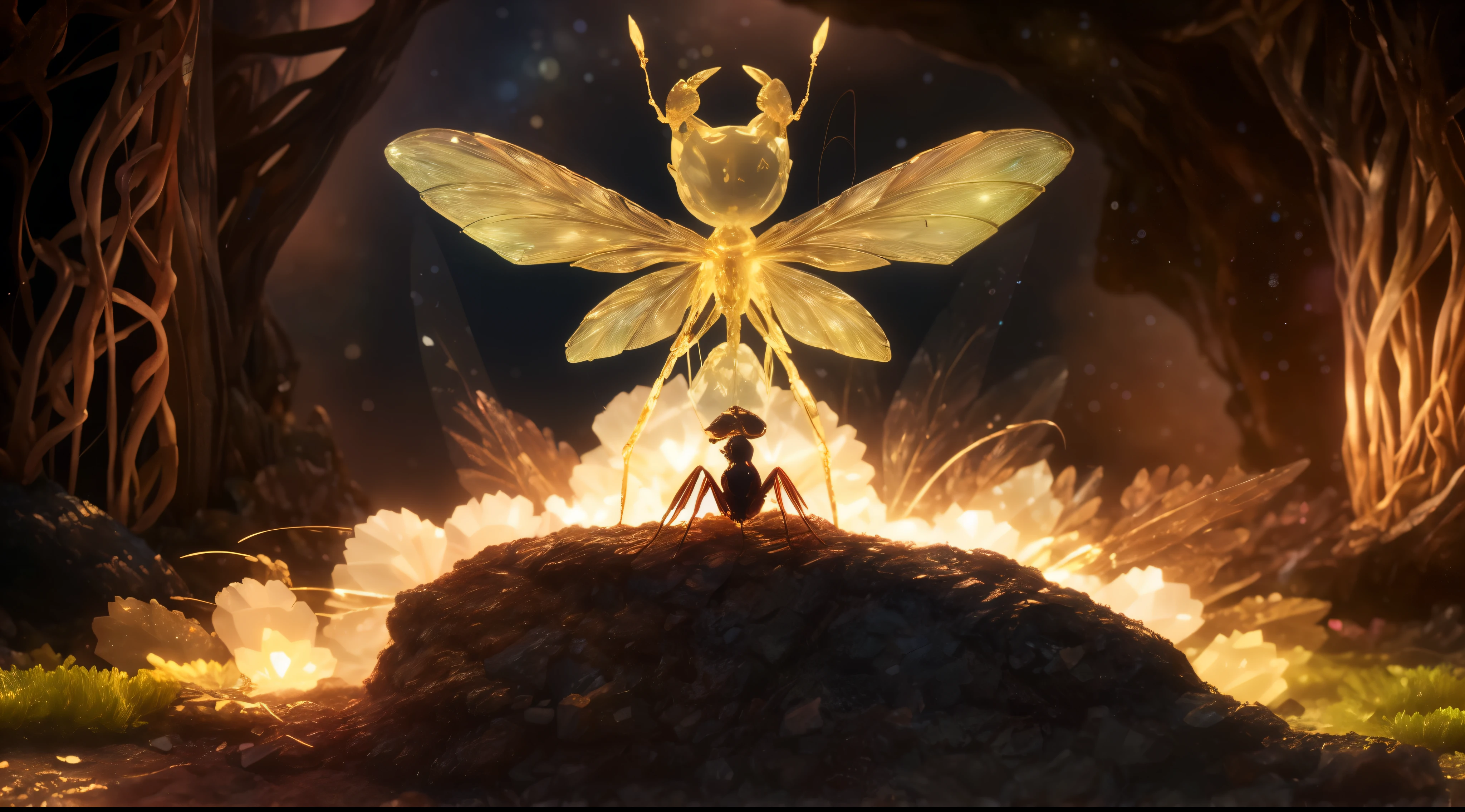 Crystal Ant,crystal wings, fantasy, galaxy, Clean, shining, shining, splendor, colorful, amazing cinematography, dramatic lighting, photorealism, super detailed, 4K, depth of field, high resolution