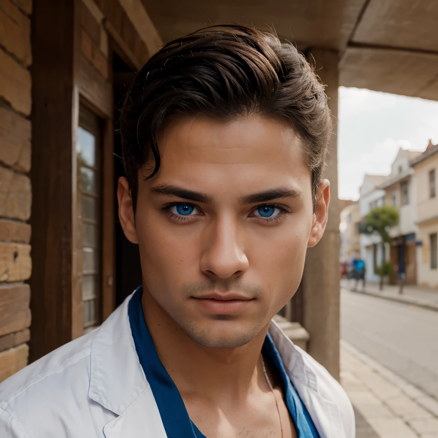 Perfect male model latino hyper realistisch blue eyes, at the travel