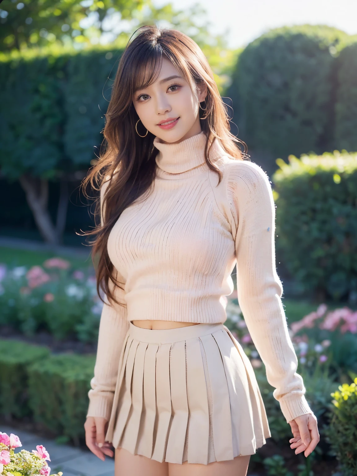 ((((highest quality))))、(((Ultra-precision CG16K wallpaper)))、(((masterpiece)))、(((Super detailed)))、(((super extreme details)))、１people&#39;s women、mature woman、25 year old woman、((Japanese face))、((very beautiful face))、((NHK Announcer、Yurika Kawaguchi:1.5))、((Soft wave semi-long hair:1.3))、(shiny hair)、bangs up to eyebrows、beautiful brown hair、beautiful delicate eyes、brown eyes、C-shaped eyebrows、high nose、small nostrils、small mouth、seductive lips、mouth slightly open、beautiful breasts、C cup size breasts、cleavage、plump body、perfect proportions、perfect anatomy、perfect composition、beautiful detailed shading、beautiful natural lighting、beautiful detail glow、Depth of bounds written、(((High chroma)))、(((real:1.9)))、((vivid:1.4))、((beautiful skin))、((skin texture))、((realな皮膚感))、(((cowboy shot:1.5)))、((Angle seen from the front:1.5))、((smile:1.4))、(Eyes looking at me:1.2)、bright sunshine、(((garden:1.3)))、(standing pose:1.5)、(((Pink beige high neck rib knit sweater clothing:1.5)))、(((Navy blue pleated miniskirt:1.5)))、