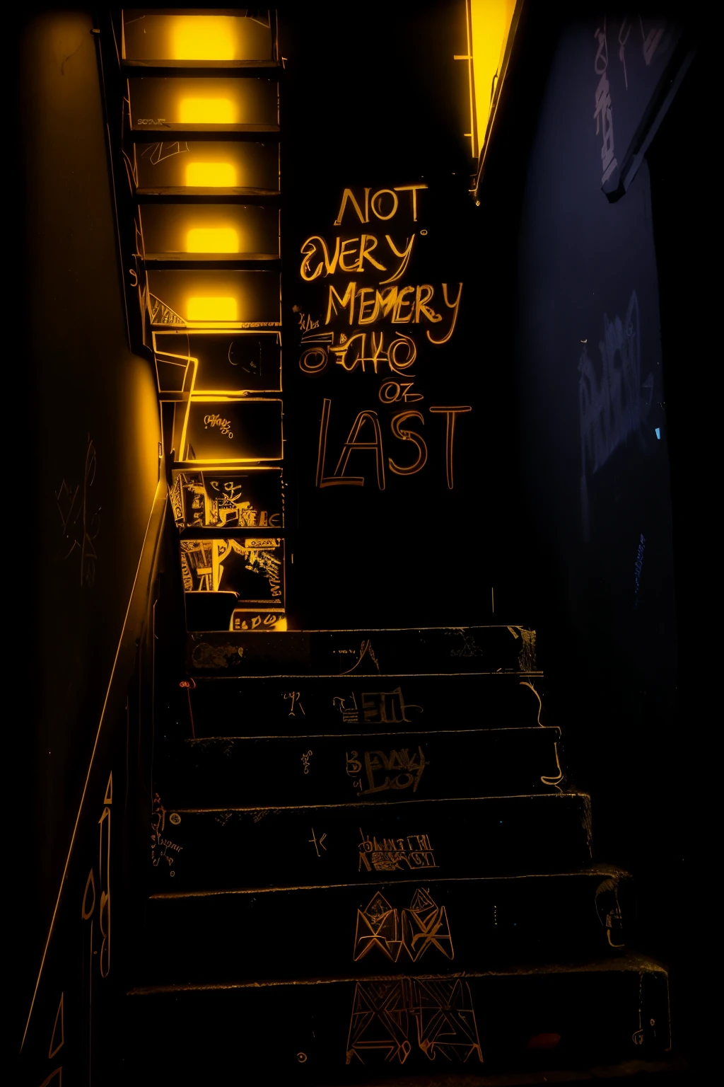 graffiti on the stairs of a building with a sign that says not every memory should last, stairway, stairs, stairway to heaven, dark. no text, drawn in a neo - noir style, in a dark alley, and you fade away just enough, photo taken at night, album art, memory, very dark background, album cover, far, Steampunk theme