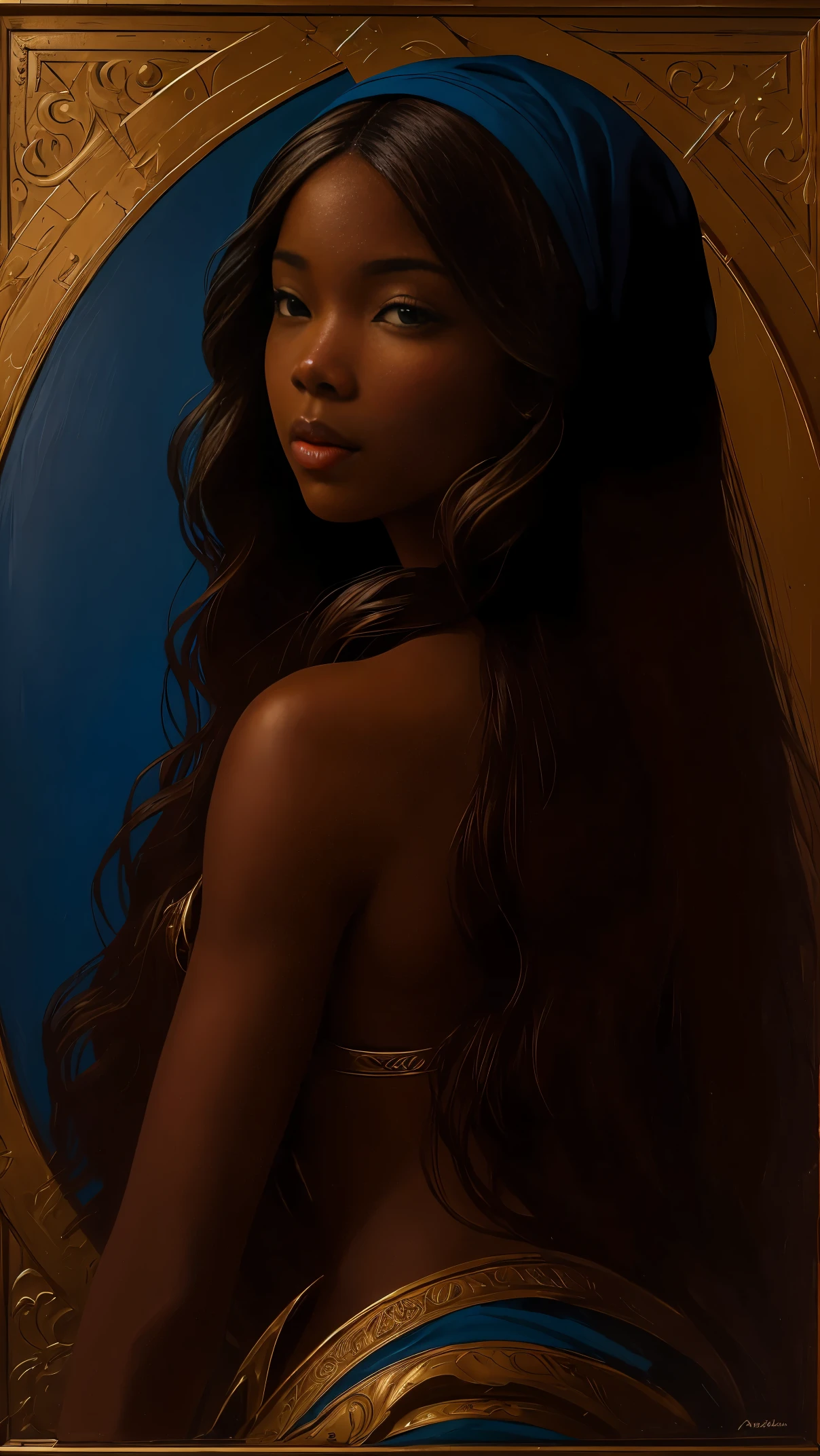 oil painting by Leonardo da Vinci, realistic portrait, closeup face of Gabrielle Union with dark skin, ebony nose, long hair, her eyes are sweet and vibrant, her face symmetrical, rich brown skin, soft torch luminosity on the face by REMBRADT, Adobe Illustration, Trending on Artstation, 8K, hd, cinematic, masterpiece, magnificent art, best quality, romanticism Renaissance period, oil on canvas, rich blue background 