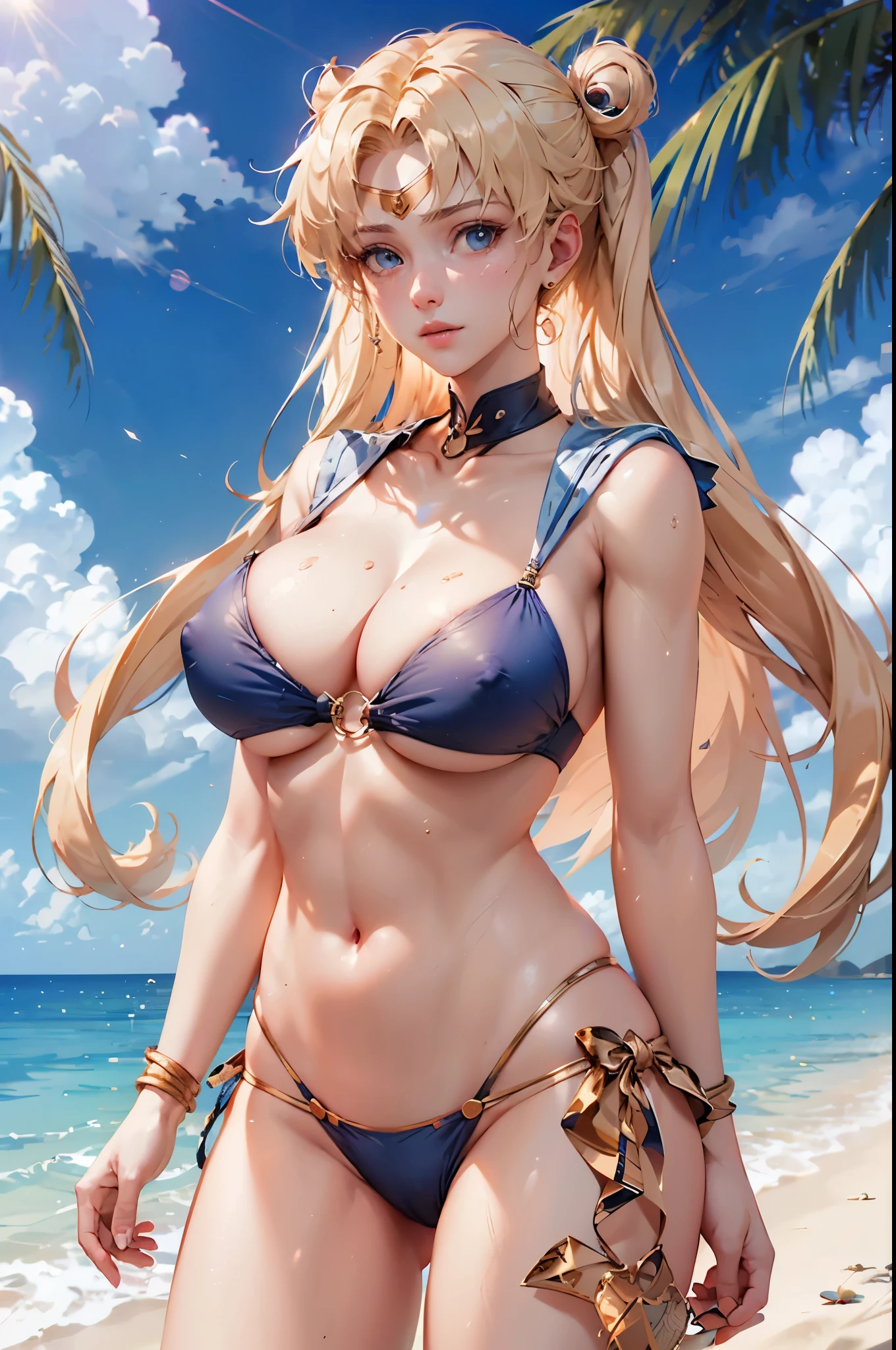 sailor moon at beach wear sailor bikini, blonde hair, large breast, show cleaveage, (forehead ornament), masterpiece, best quality:1.2),(8k,highres,RAW photo,realistic,photo-realistic:1.3),(detailed skin texture,detailed cloth texture,beautiful detailed face:1.25),professional lighting,photon mapping,beautiful soft light,radiosity,physically-based rendering,model shoot style, model shoot style, (extremely detailed CG unity 8k wallpaper), full shot body photo of the most beautiful artwork in the world, complex 3d render ultra detailed, looking at viewer, 18 yo, real human skin, vibrant details, hyperrealistic, beautiful, octane render, an extremely delicate and beautiful, extremely detailed ,CG ,unity ,wallpaper,Amazing, finely detail,official art,extreme detailed eyes, (perfect face), shiny skin, colorful, highest detailed, vibrant colors, ultra high res, (high contrast), intricate, lens flare, hard nipple