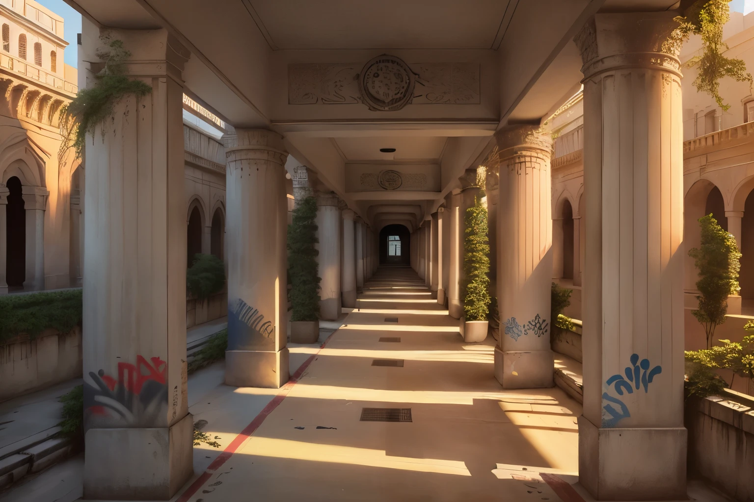 there are many columns with graffiti on them in a building, school courtyard, bengal school of art, long hall way, courtyard walkway, hallways, walkway, corridor, inside , long hallway, inside building, in school hallway, inside the building, infinitely long corridors, colonnade, private academy entrance, steampunk theme