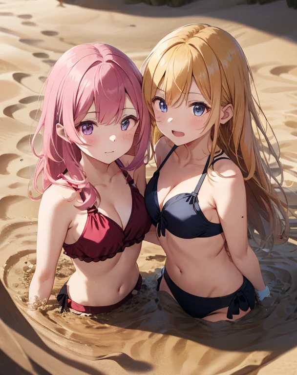 Two girls putting their hands on their chests、Super long hair、The bikini、blonde and pink hair、Create a heart shape with a heart-shaped effect for viewers):1.5、The background  desert, quicksand, sinking