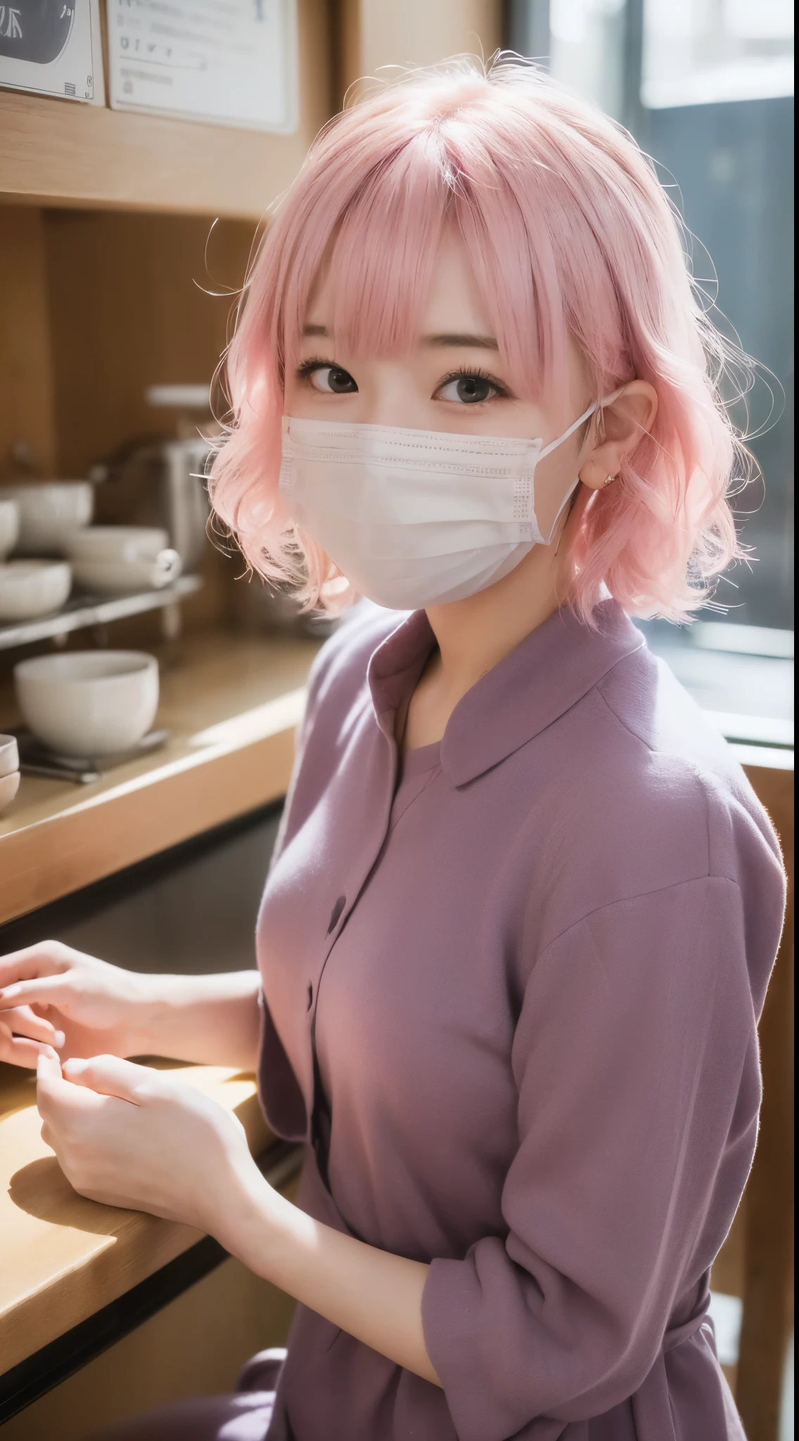 looking at the camera、,((smile1.6｠4K、RAW photo、photorealistic stick、High resolution、Cute 18 year old woman in Japan , face like an idol、pink hair、short hair、curly hair、With bangs、 solo、Cute Real Photo Girl、、private server、cafeteria、Wearing a mask
