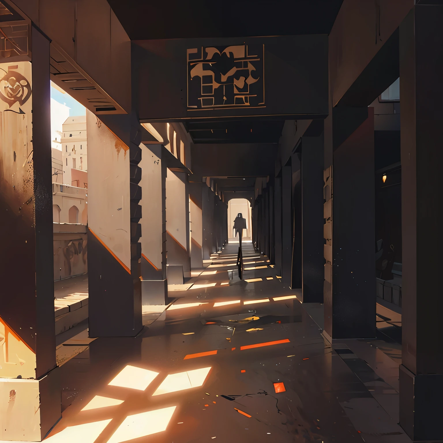 there are many columns with graffiti on them in a building, school courtyard, bengal school of art, long hall way, courtyard walkway, hallways, walkway, corridor, inside elementary school, long hallway, inside building, in school hallway, inside the building, infinitely long corridors, colonnade, private academy entrance, steam punk theme , old architecture