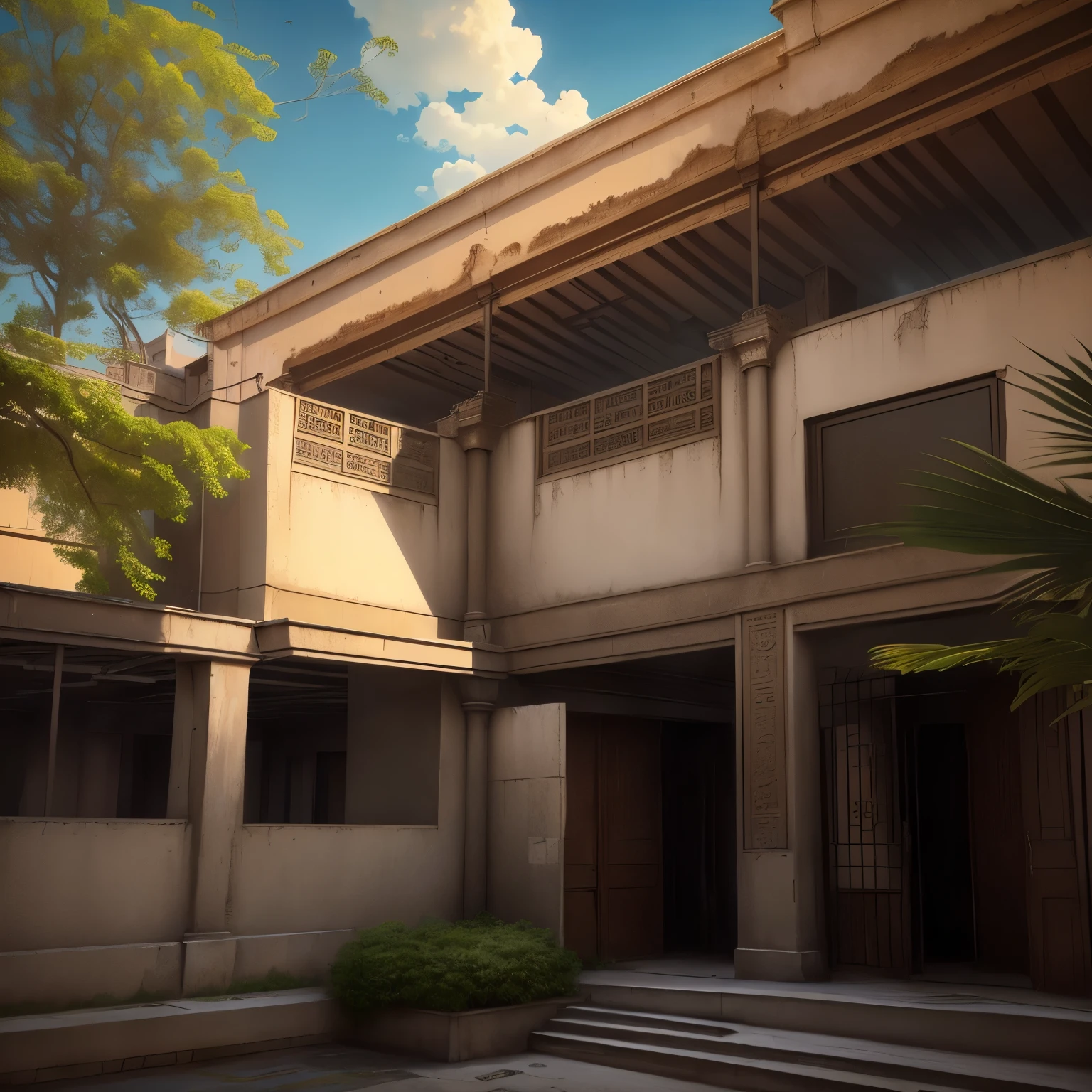 there a building with a balcony and a balcony on the second floor, school courtyard, bengal school of art, building facing, front-view, seen from outside, front side, front view, centre image, exterior view, outside view, private academy entrance, ground level view, old building, ground-level view, ground - level view, concrete building,Egyptian style architecture, steam punk theme
